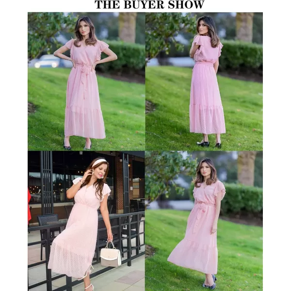 imageBTFBM Women Summer Bohemian Floral Casual Wrap V Neck Ruffle Cap Sleeveless Belt ALine Pleated Hem Swing Midi Sun DressSwiss Dot Pink