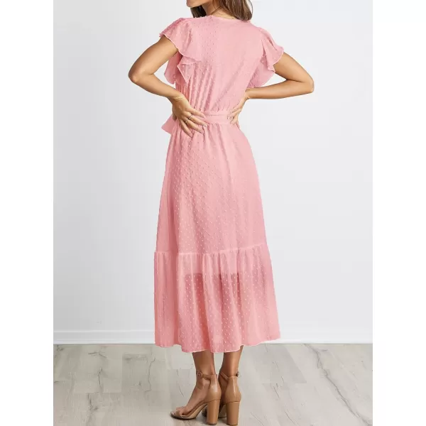 imageBTFBM Women Summer Bohemian Floral Casual Wrap V Neck Ruffle Cap Sleeveless Belt ALine Pleated Hem Swing Midi Sun DressSwiss Dot Pink