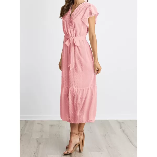 imageBTFBM Women Summer Bohemian Floral Casual Wrap V Neck Ruffle Cap Sleeveless Belt ALine Pleated Hem Swing Midi Sun DressSwiss Dot Pink