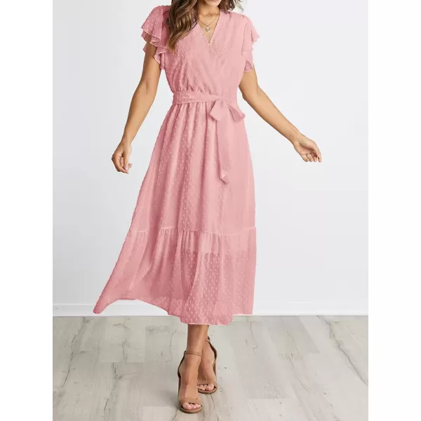 imageBTFBM Women Summer Bohemian Floral Casual Wrap V Neck Ruffle Cap Sleeveless Belt ALine Pleated Hem Swing Midi Sun DressSwiss Dot Pink