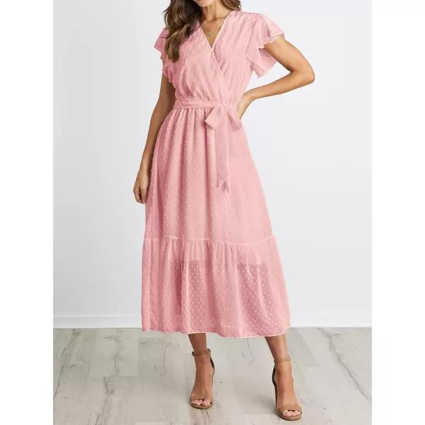 imageBTFBM Women Summer Bohemian Floral Casual Wrap V Neck Ruffle Cap Sleeveless Belt ALine Pleated Hem Swing Midi Sun DressSwiss Dot Pink
