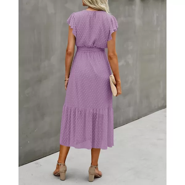 imageBTFBM Women Summer Bohemian Floral Casual Wrap V Neck Ruffle Cap Sleeveless Belt ALine Pleated Hem Swing Midi Sun DressSwiss Dot Purple