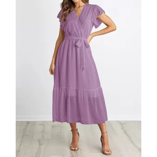 imageBTFBM Women Summer Bohemian Floral Casual Wrap V Neck Ruffle Cap Sleeveless Belt ALine Pleated Hem Swing Midi Sun DressSwiss Dot Purple
