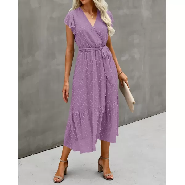 imageBTFBM Women Summer Bohemian Floral Casual Wrap V Neck Ruffle Cap Sleeveless Belt ALine Pleated Hem Swing Midi Sun DressSwiss Dot Purple