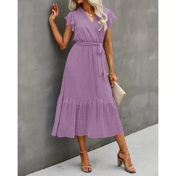 imageBTFBM Women Summer Bohemian Floral Casual Wrap V Neck Ruffle Cap Sleeveless Belt ALine Pleated Hem Swing Midi Sun DressSwiss Dot Purple