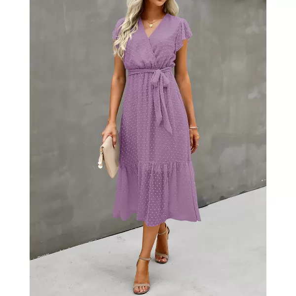imageBTFBM Women Summer Bohemian Floral Casual Wrap V Neck Ruffle Cap Sleeveless Belt ALine Pleated Hem Swing Midi Sun DressSwiss Dot Purple