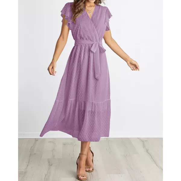 imageBTFBM Women Summer Bohemian Floral Casual Wrap V Neck Ruffle Cap Sleeveless Belt ALine Pleated Hem Swing Midi Sun DressSwiss Dot Purple