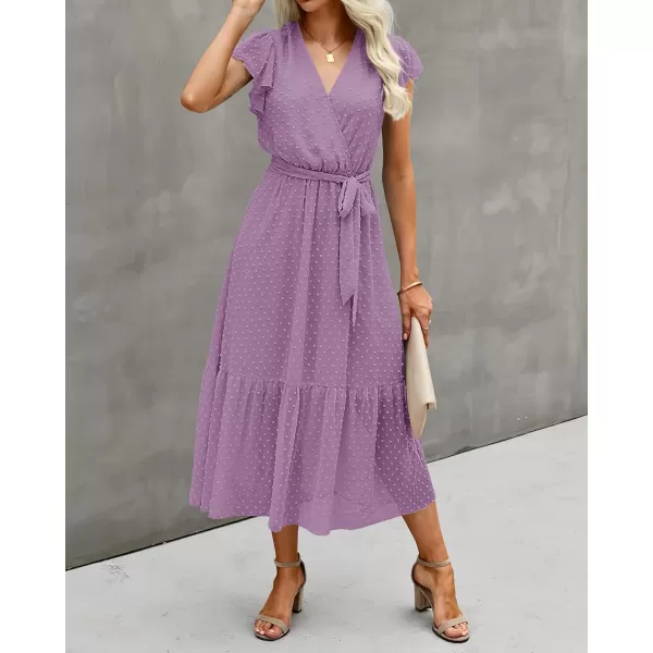 imageBTFBM Women Summer Bohemian Floral Casual Wrap V Neck Ruffle Cap Sleeveless Belt ALine Pleated Hem Swing Midi Sun DressSwiss Dot Purple