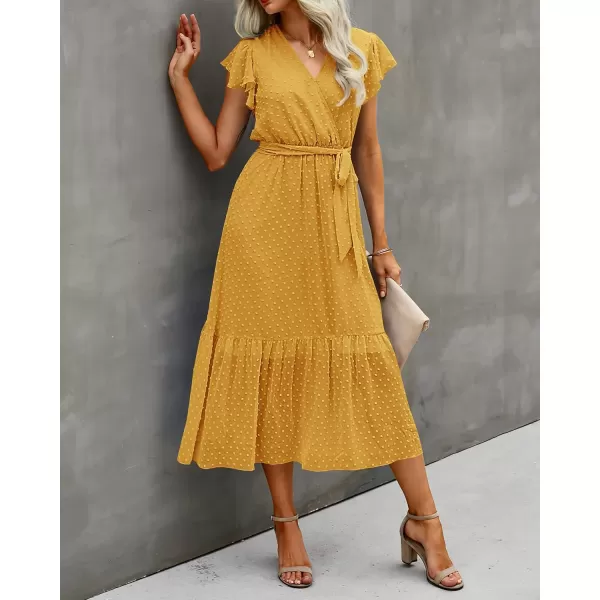 imageBTFBM Women Summer Bohemian Floral Casual Wrap V Neck Ruffle Cap Sleeveless Belt ALine Pleated Hem Swing Midi Sun DressSwiss Dot Turmeric
