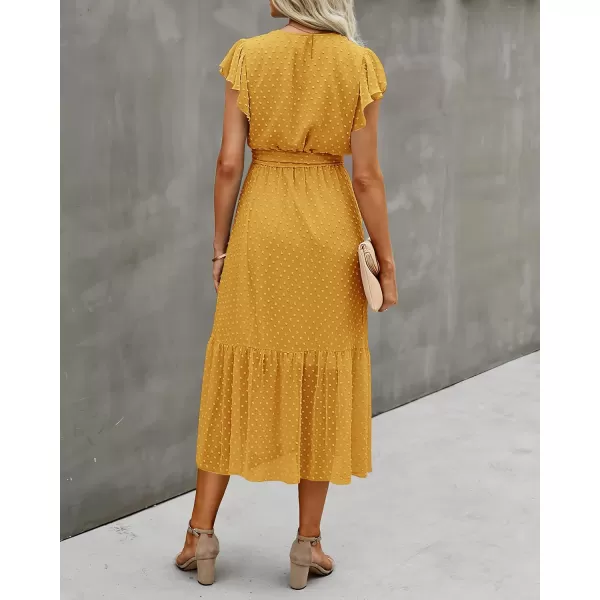 imageBTFBM Women Summer Bohemian Floral Casual Wrap V Neck Ruffle Cap Sleeveless Belt ALine Pleated Hem Swing Midi Sun DressSwiss Dot Turmeric