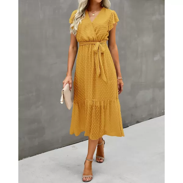 imageBTFBM Women Summer Bohemian Floral Casual Wrap V Neck Ruffle Cap Sleeveless Belt ALine Pleated Hem Swing Midi Sun DressSwiss Dot Turmeric
