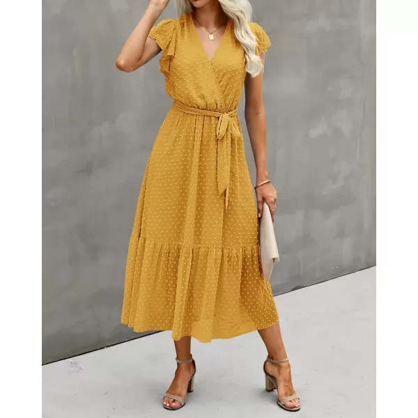 imageBTFBM Women Summer Bohemian Floral Casual Wrap V Neck Ruffle Cap Sleeveless Belt ALine Pleated Hem Swing Midi Sun DressSwiss Dot Turmeric