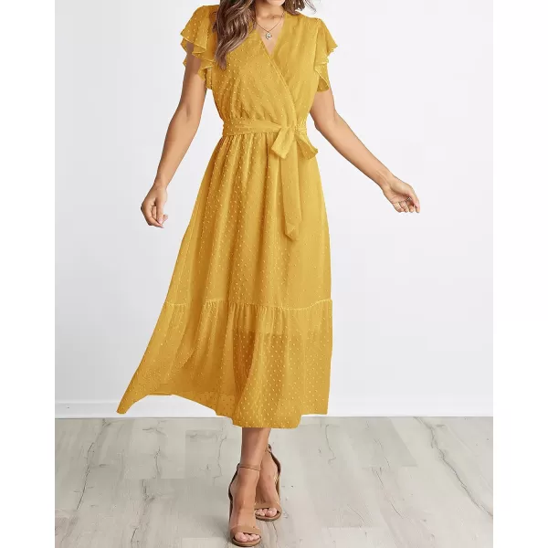 imageBTFBM Women Summer Bohemian Floral Casual Wrap V Neck Ruffle Cap Sleeveless Belt ALine Pleated Hem Swing Midi Sun DressSwiss Dot Turmeric