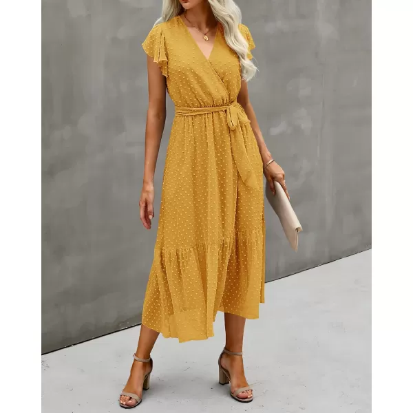 imageBTFBM Women Summer Bohemian Floral Casual Wrap V Neck Ruffle Cap Sleeveless Belt ALine Pleated Hem Swing Midi Sun DressSwiss Dot Turmeric