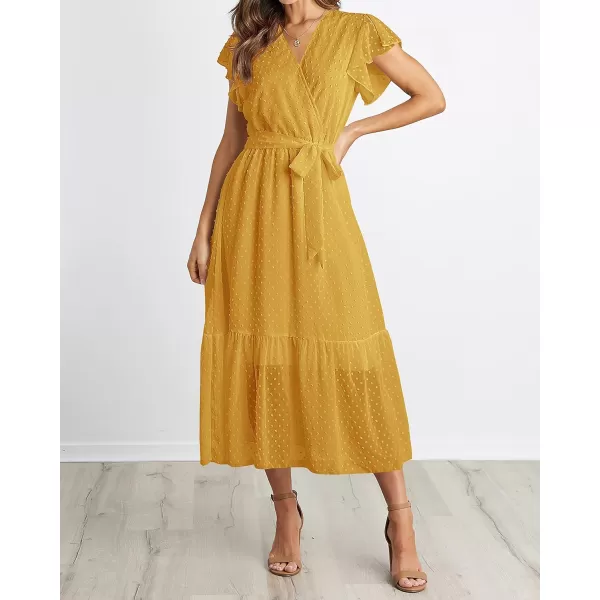 imageBTFBM Women Summer Bohemian Floral Casual Wrap V Neck Ruffle Cap Sleeveless Belt ALine Pleated Hem Swing Midi Sun DressSwiss Dot Turmeric