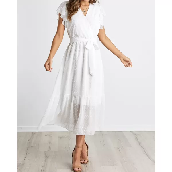 imageBTFBM Women Summer Bohemian Floral Casual Wrap V Neck Ruffle Cap Sleeveless Belt ALine Pleated Hem Swing Midi Sun DressSwiss Dot White