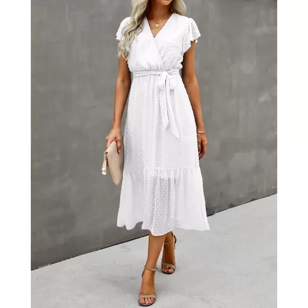 imageBTFBM Women Summer Bohemian Floral Casual Wrap V Neck Ruffle Cap Sleeveless Belt ALine Pleated Hem Swing Midi Sun DressSwiss Dot White
