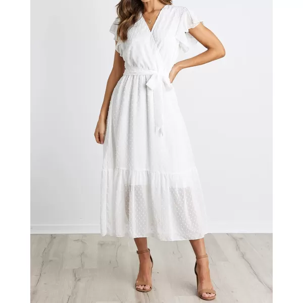 imageBTFBM Women Summer Bohemian Floral Casual Wrap V Neck Ruffle Cap Sleeveless Belt ALine Pleated Hem Swing Midi Sun DressSwiss Dot White
