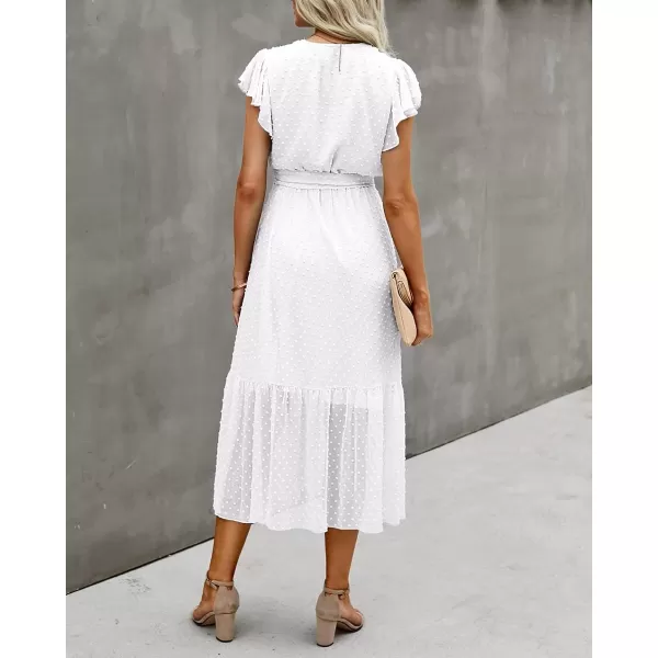 imageBTFBM Women Summer Bohemian Floral Casual Wrap V Neck Ruffle Cap Sleeveless Belt ALine Pleated Hem Swing Midi Sun DressSwiss Dot White