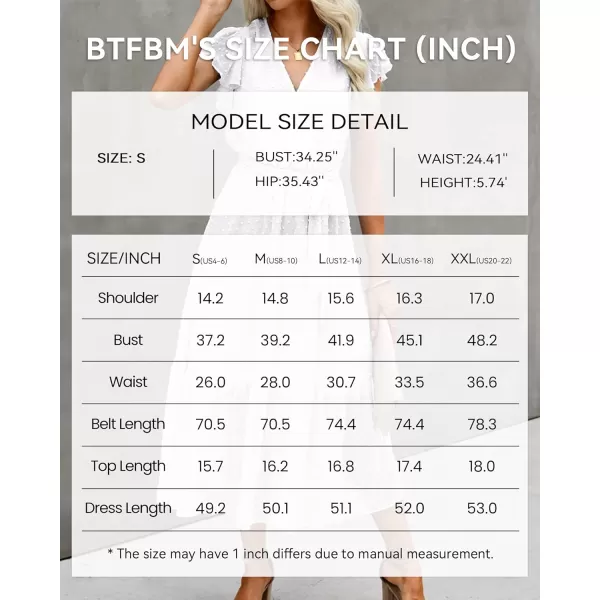 imageBTFBM Women Summer Bohemian Floral Casual Wrap V Neck Ruffle Cap Sleeveless Belt ALine Pleated Hem Swing Midi Sun DressSwiss Dot White