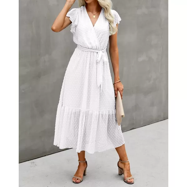 imageBTFBM Women Summer Bohemian Floral Casual Wrap V Neck Ruffle Cap Sleeveless Belt ALine Pleated Hem Swing Midi Sun DressSwiss Dot White