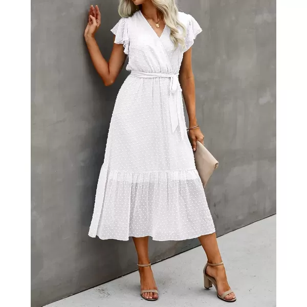 imageBTFBM Women Summer Bohemian Floral Casual Wrap V Neck Ruffle Cap Sleeveless Belt ALine Pleated Hem Swing Midi Sun DressSwiss Dot White