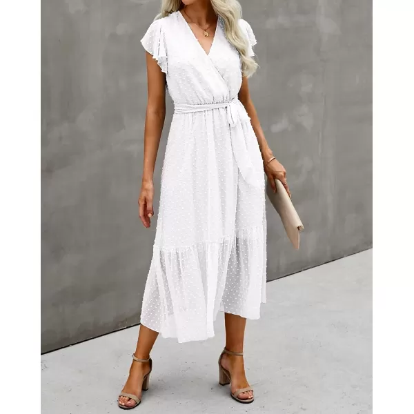 imageBTFBM Women Summer Bohemian Floral Casual Wrap V Neck Ruffle Cap Sleeveless Belt ALine Pleated Hem Swing Midi Sun DressSwiss Dot White