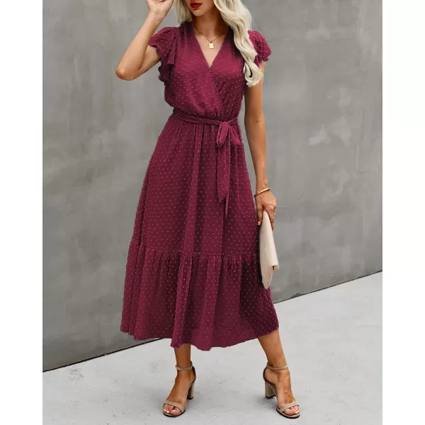 imageBTFBM Women Summer Bohemian Floral Casual Wrap V Neck Ruffle Cap Sleeveless Belt ALine Pleated Hem Swing Midi Sun DressSwiss Dot Wine Red