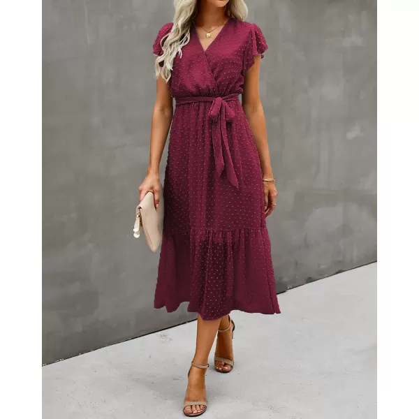imageBTFBM Women Summer Bohemian Floral Casual Wrap V Neck Ruffle Cap Sleeveless Belt ALine Pleated Hem Swing Midi Sun DressSwiss Dot Wine Red