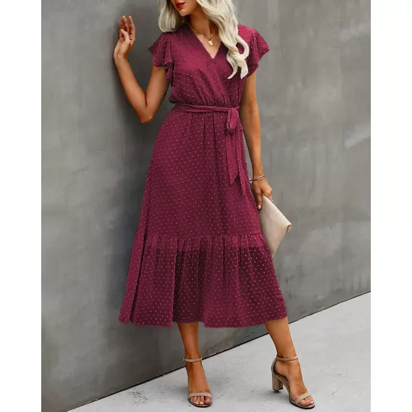 imageBTFBM Women Summer Bohemian Floral Casual Wrap V Neck Ruffle Cap Sleeveless Belt ALine Pleated Hem Swing Midi Sun DressSwiss Dot Wine Red