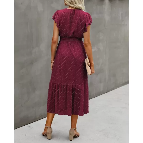 imageBTFBM Women Summer Bohemian Floral Casual Wrap V Neck Ruffle Cap Sleeveless Belt ALine Pleated Hem Swing Midi Sun DressSwiss Dot Wine Red