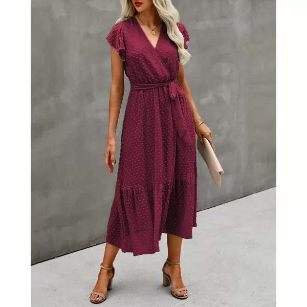 imageBTFBM Women Summer Bohemian Floral Casual Wrap V Neck Ruffle Cap Sleeveless Belt ALine Pleated Hem Swing Midi Sun DressSwiss Dot Wine Red