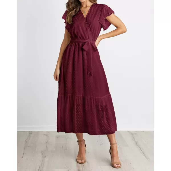 imageBTFBM Women Summer Bohemian Floral Casual Wrap V Neck Ruffle Cap Sleeveless Belt ALine Pleated Hem Swing Midi Sun DressSwiss Dot Wine Red