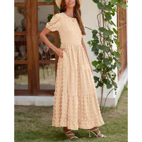 imageBTFBM Women Summer Boho Maxi Dress Casual Short Sleeve Swiss Dot A Line Ruffle Tiered Flowy Long Dresses with PocketSwiss Dot Beige
