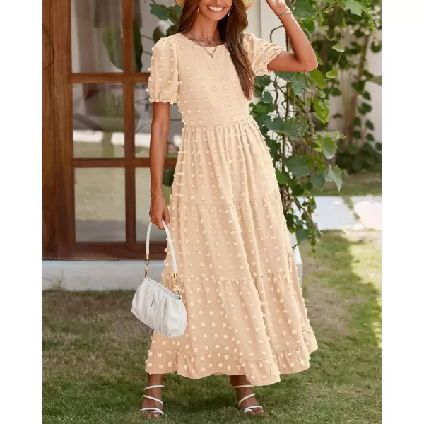 imageBTFBM Women Summer Boho Maxi Dress Casual Short Sleeve Swiss Dot A Line Ruffle Tiered Flowy Long Dresses with PocketSwiss Dot Beige