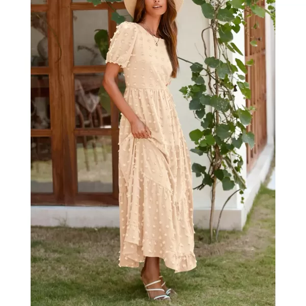 imageBTFBM Women Summer Boho Maxi Dress Casual Short Sleeve Swiss Dot A Line Ruffle Tiered Flowy Long Dresses with PocketSwiss Dot Beige