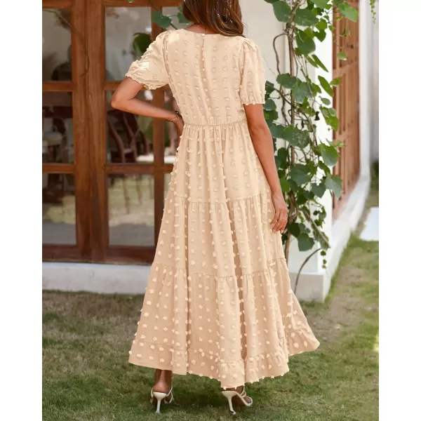 imageBTFBM Women Summer Boho Maxi Dress Casual Short Sleeve Swiss Dot A Line Ruffle Tiered Flowy Long Dresses with PocketSwiss Dot Beige