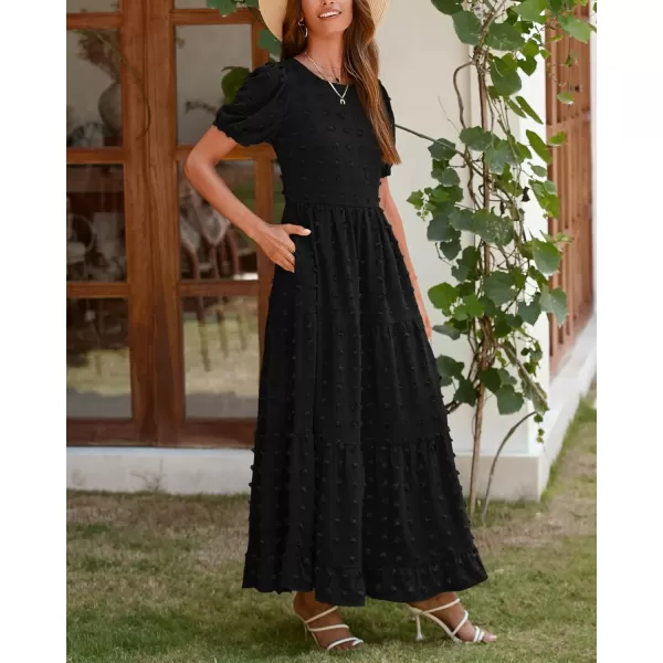 imageBTFBM Women Summer Boho Maxi Dress Casual Short Sleeve Swiss Dot A Line Ruffle Tiered Flowy Long Dresses with PocketSwiss Dot Black