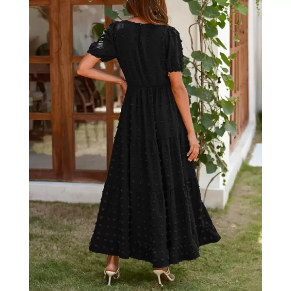 imageBTFBM Women Summer Boho Maxi Dress Casual Short Sleeve Swiss Dot A Line Ruffle Tiered Flowy Long Dresses with PocketSwiss Dot Black