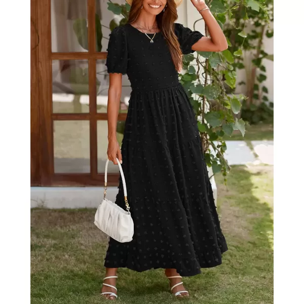 imageBTFBM Women Summer Boho Maxi Dress Casual Short Sleeve Swiss Dot A Line Ruffle Tiered Flowy Long Dresses with PocketSwiss Dot Black