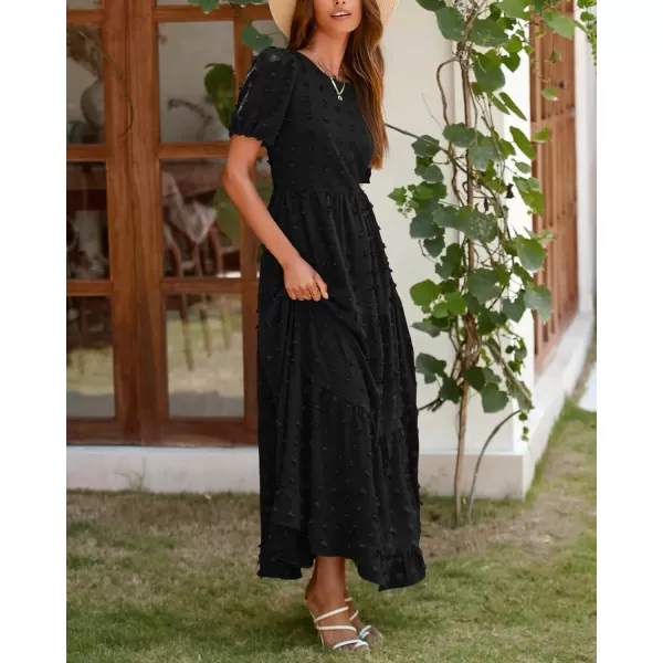 imageBTFBM Women Summer Boho Maxi Dress Casual Short Sleeve Swiss Dot A Line Ruffle Tiered Flowy Long Dresses with PocketSwiss Dot Black