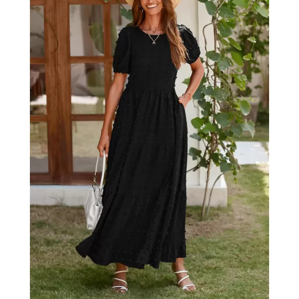 imageBTFBM Women Summer Boho Maxi Dress Casual Short Sleeve Swiss Dot A Line Ruffle Tiered Flowy Long Dresses with PocketSwiss Dot Black