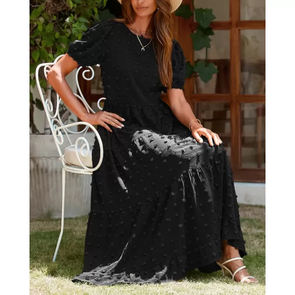 imageBTFBM Women Summer Boho Maxi Dress Casual Short Sleeve Swiss Dot A Line Ruffle Tiered Flowy Long Dresses with PocketSwiss Dot Black