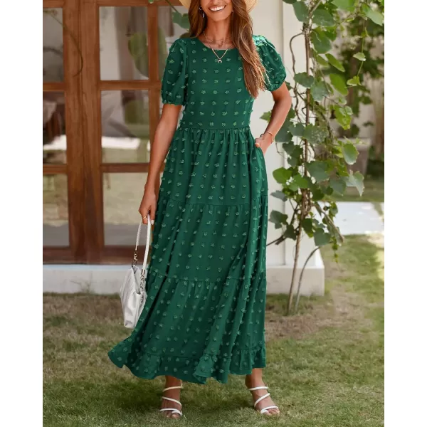 imageBTFBM Women Summer Boho Maxi Dress Casual Short Sleeve Swiss Dot A Line Ruffle Tiered Flowy Long Dresses with PocketSwiss Dot Dark Green