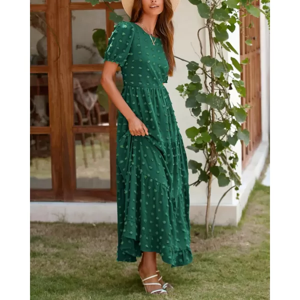 imageBTFBM Women Summer Boho Maxi Dress Casual Short Sleeve Swiss Dot A Line Ruffle Tiered Flowy Long Dresses with PocketSwiss Dot Dark Green