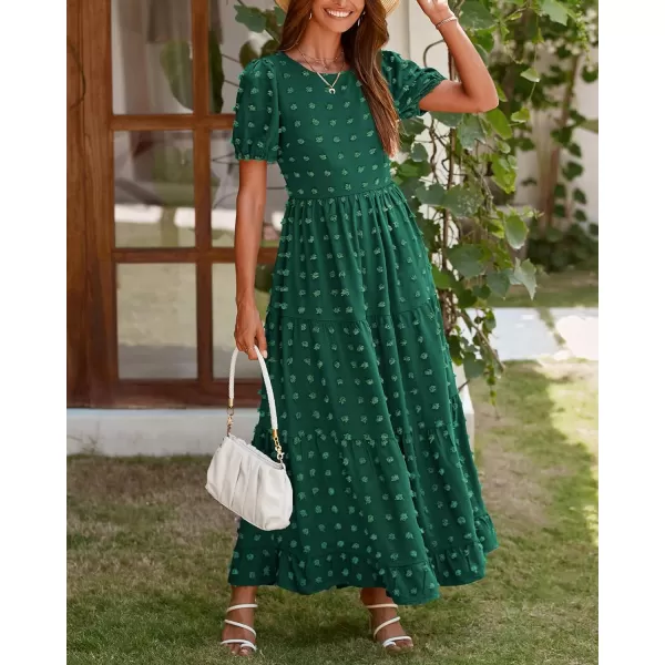 imageBTFBM Women Summer Boho Maxi Dress Casual Short Sleeve Swiss Dot A Line Ruffle Tiered Flowy Long Dresses with PocketSwiss Dot Dark Green