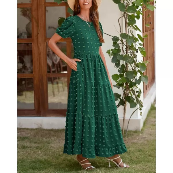 imageBTFBM Women Summer Boho Maxi Dress Casual Short Sleeve Swiss Dot A Line Ruffle Tiered Flowy Long Dresses with PocketSwiss Dot Dark Green