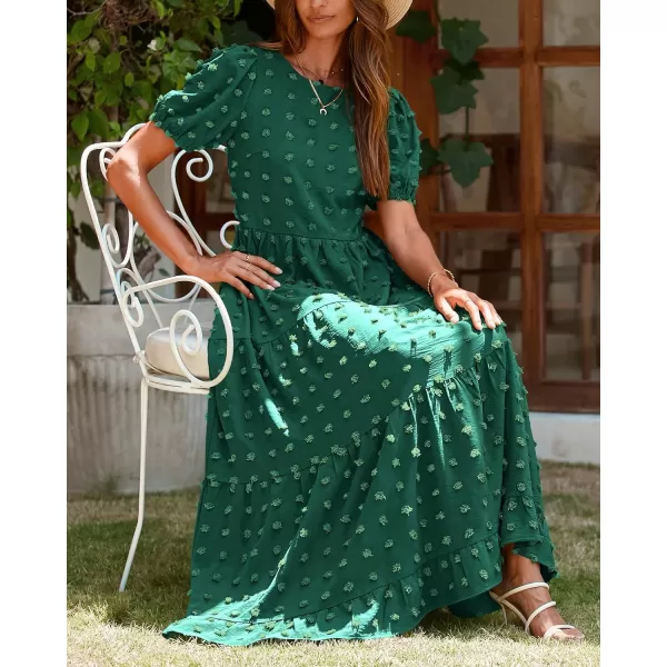 imageBTFBM Women Summer Boho Maxi Dress Casual Short Sleeve Swiss Dot A Line Ruffle Tiered Flowy Long Dresses with PocketSwiss Dot Dark Green