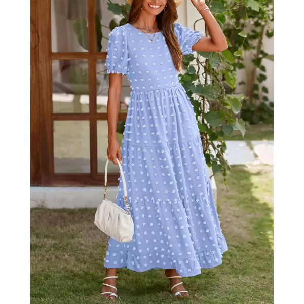 imageBTFBM Women Summer Boho Maxi Dress Casual Short Sleeve Swiss Dot A Line Ruffle Tiered Flowy Long Dresses with PocketSwiss Dot Light Blue