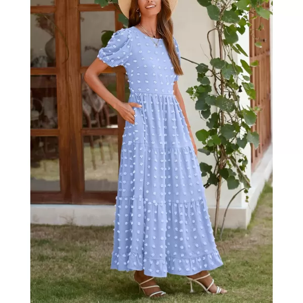 imageBTFBM Women Summer Boho Maxi Dress Casual Short Sleeve Swiss Dot A Line Ruffle Tiered Flowy Long Dresses with PocketSwiss Dot Light Blue